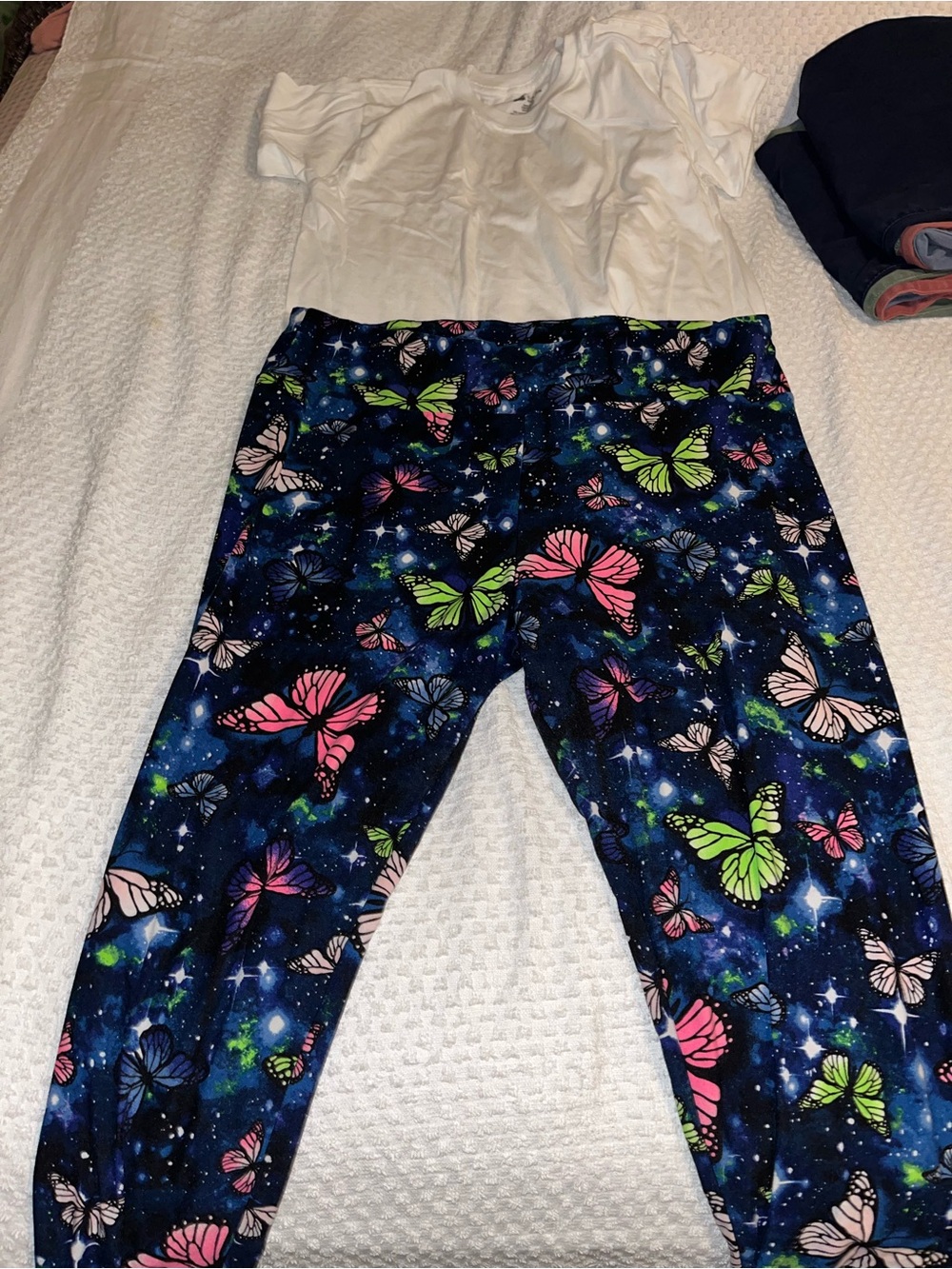 LuLaRoe Navy Leggings with Pink & Lime Butterfly Print